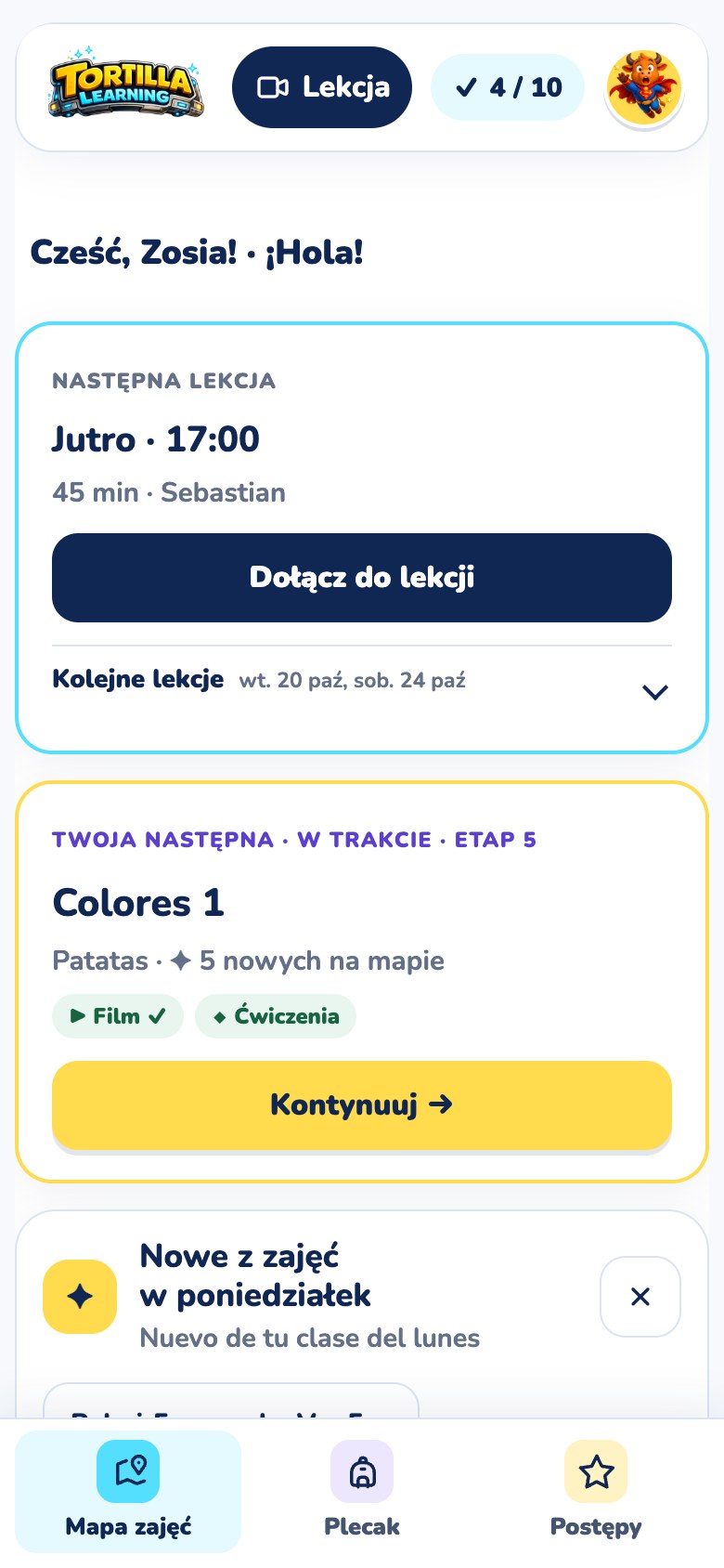 Strona główna: najbliższa lekcja jutro o 17:00 i kolejne zadanie Colores 1