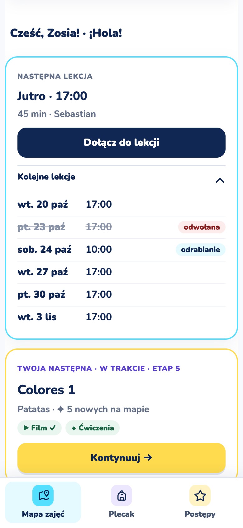 Lista kolejnych lekcji z jedną odwołaną i jedną do odrobienia