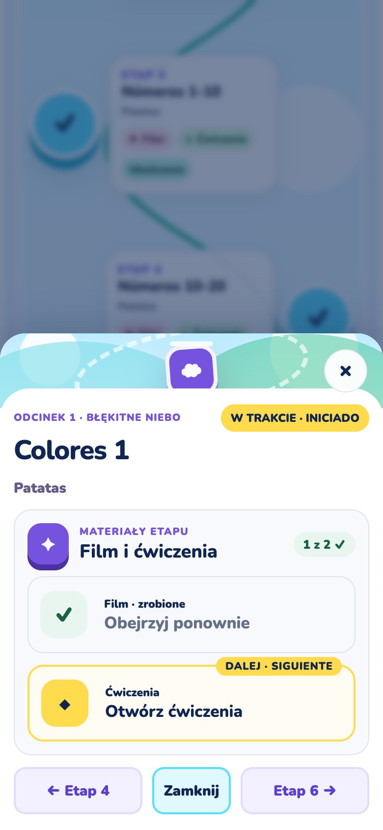 Okno etapu Colores 1: film obejrzany, ćwiczenia jako następne