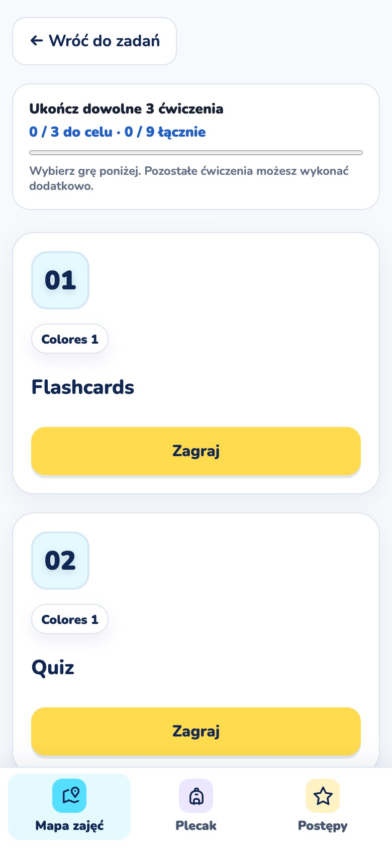 Lista ćwiczeń: Flashcards, Quiz