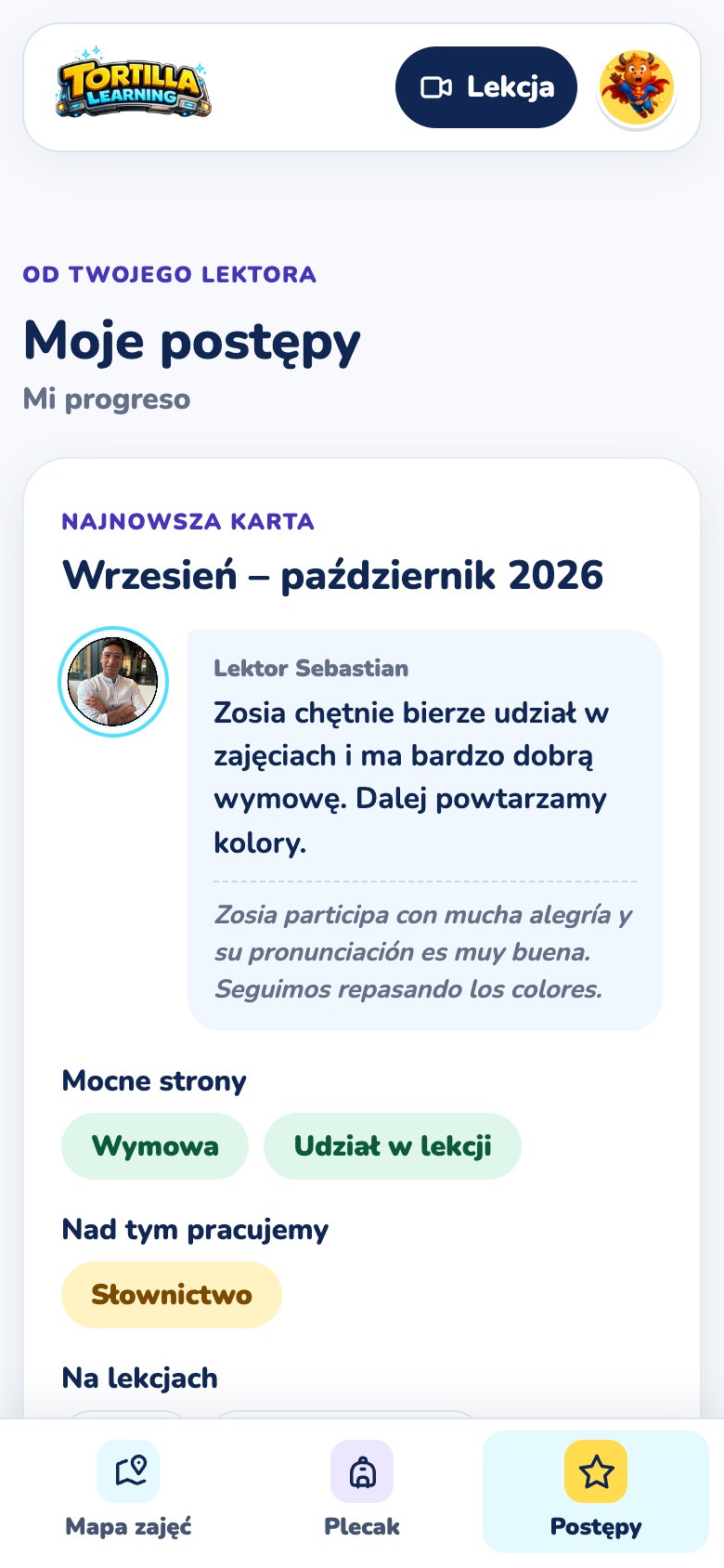 Karta postępów za wrzesień i październik z komentarzem lektora